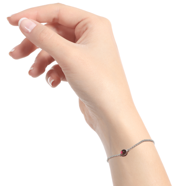 Garnet Cabochon Bracelet silver on model by Scarab Jewellery Studio