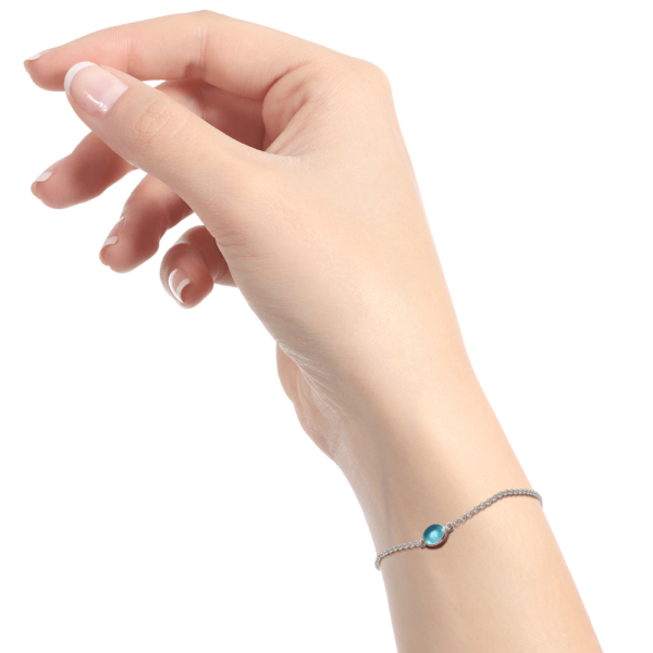 Swiss Blue Topaz Cabochon Bracelet silver on model by Scarab Jewellery Studio
