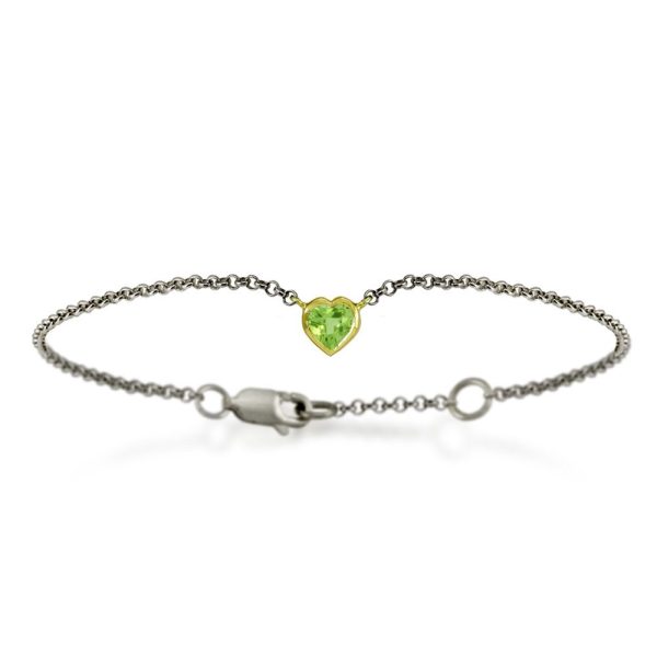 Silver 9ct yellow gold peridot heart bracelet by Scarab Jewellery Studio