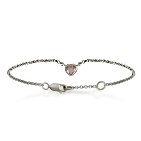 Silver 9ct red gold rose quartz heart bracelet by Scarab Jewellery Studio