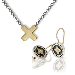 Earrings Star Yellow Gold Cross Pendant bundle by Scarab Jewellery Studio