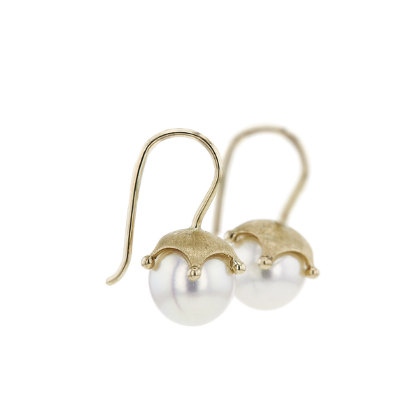 Yellow Gold Crown Pearl Earrings - Image 2