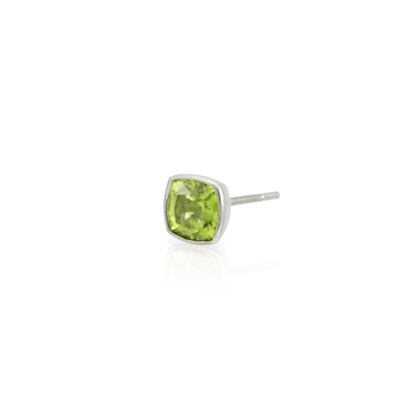 3 quarter view of Peridot Stud Earring set in Silver by Scarab Jewellery Studio