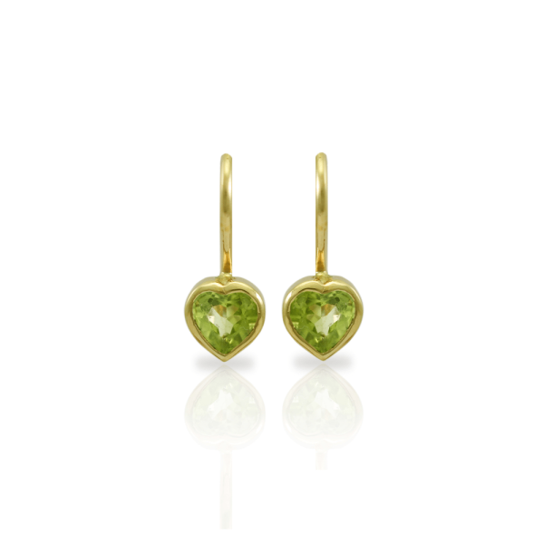 A Pair of Peridot Heart Earrings set in Gold by Scarab Jewellery Studio