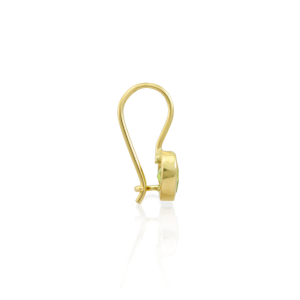 Side View of Peridot Heart Earring set in Gold by Scarab Jewellery Studio