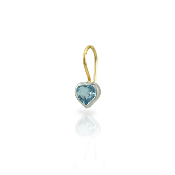 3 quarter view of Swiss Blue Topaz heart earring in silver and gold by Scarab Jewellery Studio