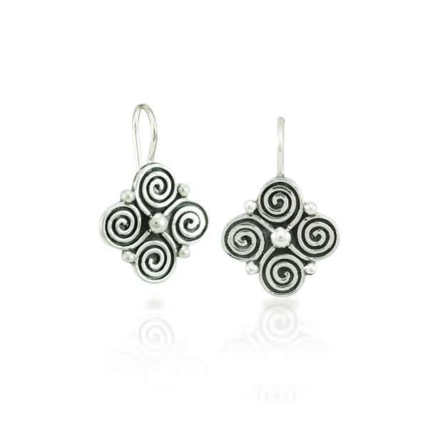 spiral clover silver earrings with blackened detail