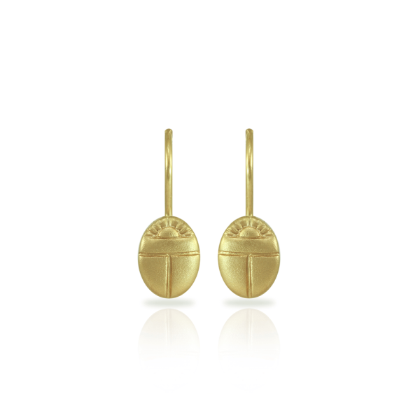Tiny Scarab drop Earrings in solid yellow gold by Scarab Jewellery Studio
