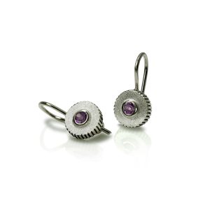 Amethyst Silver Round Cog Earrings by Scarab Jewellery Studio - February Birthstone Jewelry
