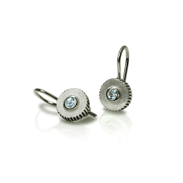 Blue Topaz Silver Round Cog Earrings by Scarab Jewellery Studio
