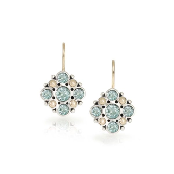Victorian earrings blue topaz set in Silver with yellow gold beads by Scarab Jewellery Studio London