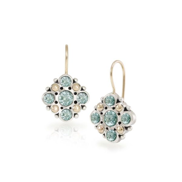 Victorian earrings blue topaz set in Silver with yellow gold beads by Scarab Jewellery Studio London