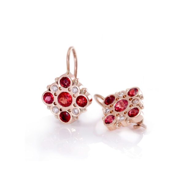 Victorian earrings Red Sapphires Diamonds set in Red Gold by Scarab Jewellery Studio London