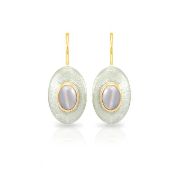 Surfboard Earrings Moonstone with Solid Silver “Surfboard” and Gold trim by Scarab Jewellery Studio