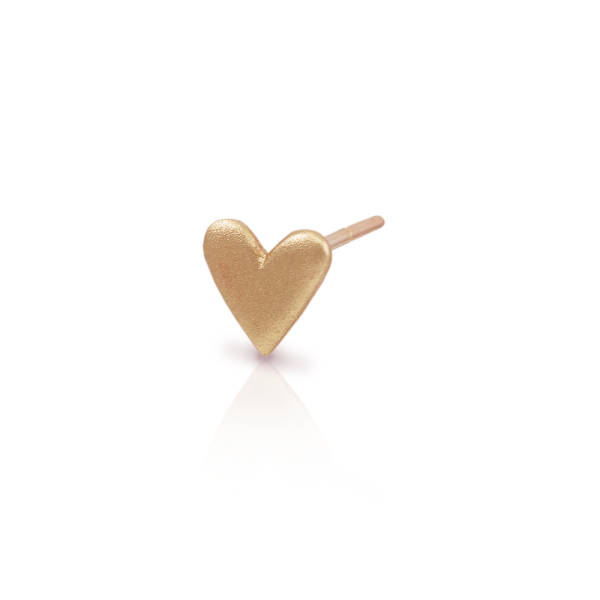 3 quarter view of single Tiny Valentine Hearts Earrings Red Gold by Scarab Jewellery Studio