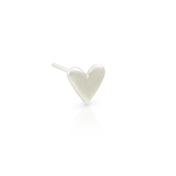 3 quarter view of single Tiny Valentine Hearts Earrings Silver by Scarab Jewellery Studio