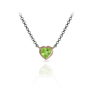 Peridot Heart Necklace set in Rose Gold with Blackened Silver Chain by Scarab Jewellery Studio