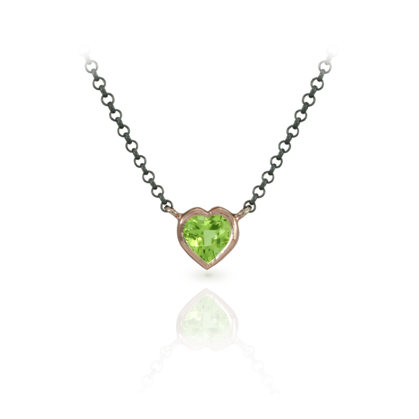 Peridot Heart Necklace set in Rose Gold with Blackened Silver Chain by Scarab Jewellery Studio