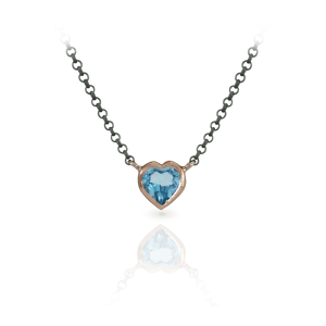 Swiss Blue Topaz Heart Necklace set in Rose Gold with Blackened Silver Chain by Scarab Jewellery Studio
