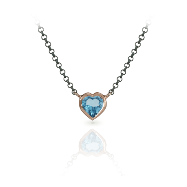 Swiss Blue Topaz Heart Necklace set in Rose Gold with Blackened Silver Chain by Scarab Jewellery Studio