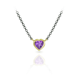 Amethyst Heart Pendant set in Yellow Gold with integrated blackened silver chain by Scarab Jewellery Studio