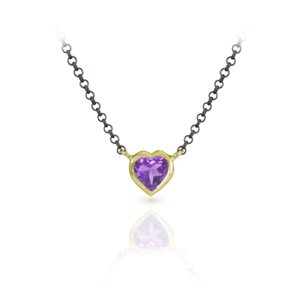 Amethyst Heart Pendant set in Yellow Gold with integrated blackened silver chain by Scarab Jewellery Studio