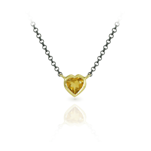 Citrine Heart Pendant in Yellow Gold and blackened silver chain by Scarab Jewellery Studio