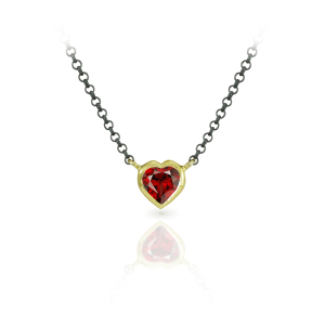 Red Garnet Heart Pendant set in Yellow Gold with blackened silver chain by Scarab Jewellery Studio
