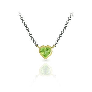 Peridot Heart Pendant set in Yellow Gold with Blackened Silver Chain by Scarab Jewellery Studio
