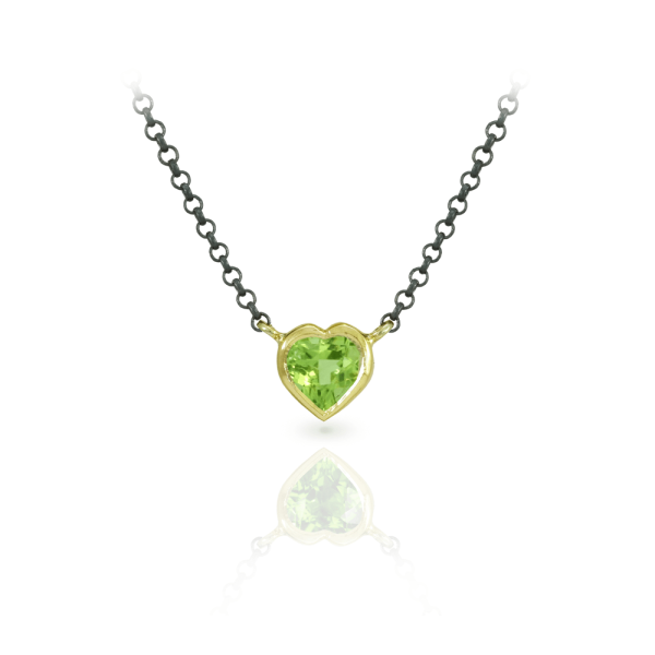 Peridot Heart Pendant set in Yellow Gold with Blackened Silver Chain by Scarab Jewellery Studio