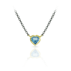 Swiss Blue Topaz Heart Pendant set in Yellow Gold with Blackened Silver Chain by Scarab Jewellery Studio