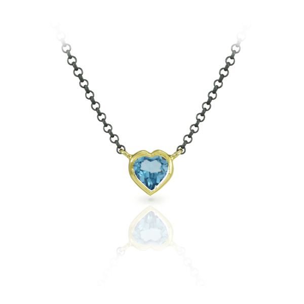 Swiss Blue Topaz Heart Pendant set in Yellow Gold with Blackened Silver Chain by Scarab Jewellery Studio