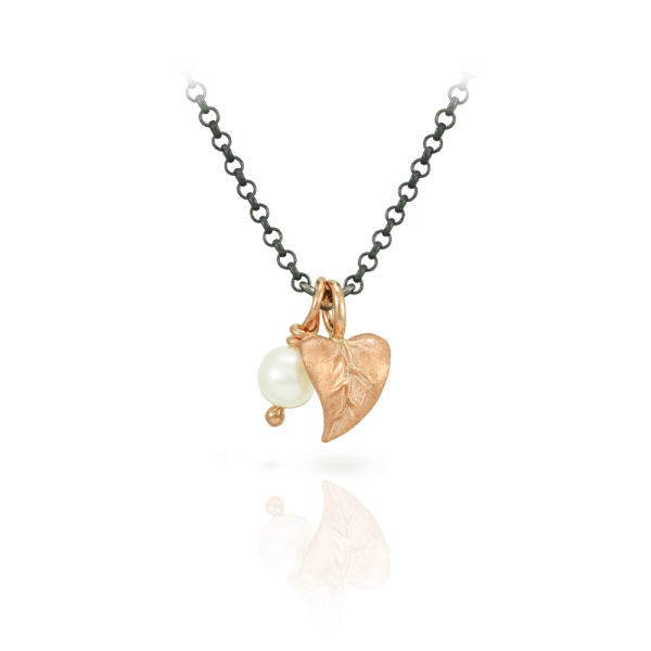 Red Gold Leaf and Pearl Pendant Necklace by Scarab Jewellery Studio