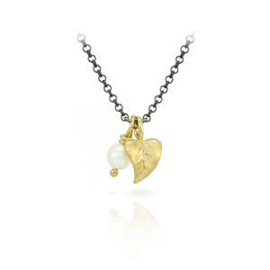 Pearl and Leaf Pendant Necklace in Yellow Gold and Blackened Silver Chain by Scarab Jewellery Studio