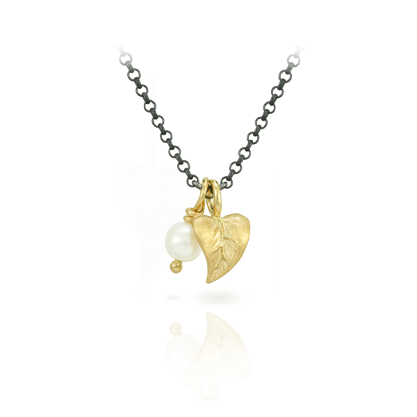 Pearl and Leaf Pendant Necklace in Yellow Gold and Blackened Silver Chain by Scarab Jewellery Studio