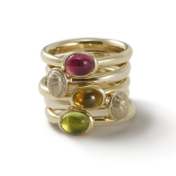 Secret Scarab Oval gemstone Gold Ring stacked with Tiny Scarab Gold Ring by Scarab Jewellery Studio