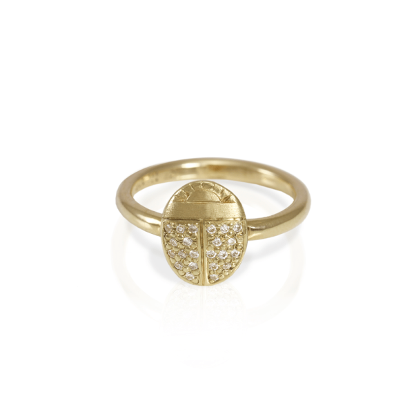 RG100 Scarab Ring with Diamonds in Yellow Gold and pave diamond wings by Scarab Jewellery Studio