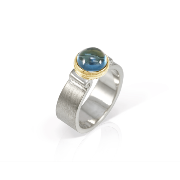 London Blue Topaz Greek Scroll Ring in silver with yellow gold setting by Scarab Jewellery Studio
