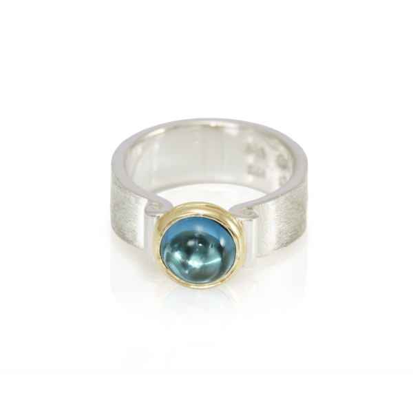 RG32 London Blue Topaz Greek Scroll Ring in silver with yellow gold setting by Scarab Jewellery Studio