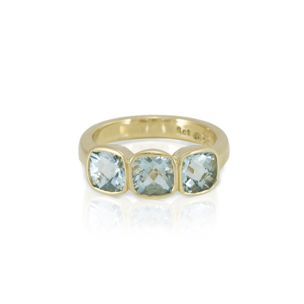 RG64 Three Stone Aquamarine ring in yellow gold by Scarab Jewellery Studio