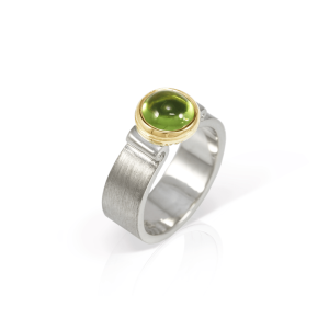 Peridot Greek Scroll Ring in silver with yellow gold setting by Scarab Jewellery Studio