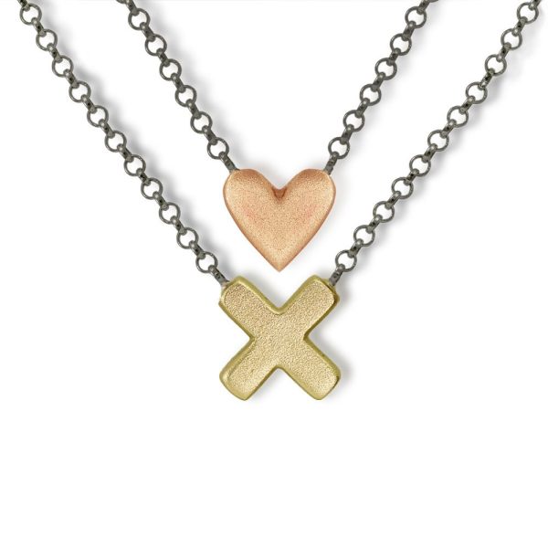 Yellow Gold Cross Necklace and Rose Gold Heart Necklace by Scarab Jewellery Studio