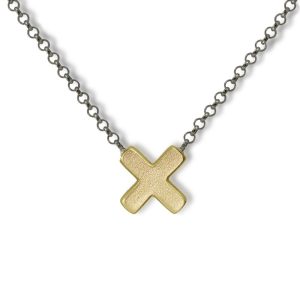Yellow Gold Cross Necklace with blackened silver integrated chain by Scarab Jewellery Studio