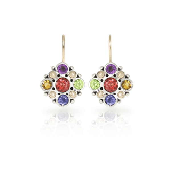 Victorian earrings in silver and yellow gold with gemstone mix