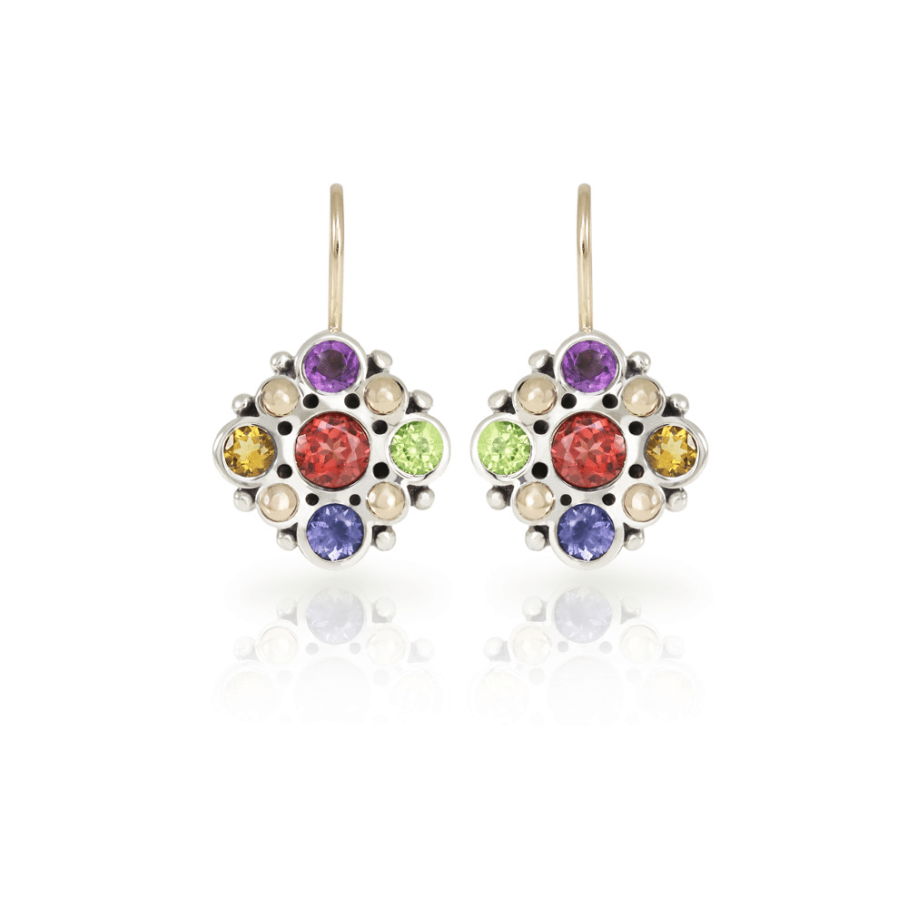 Victorian earrings in silver and yellow gold with gemstone mix