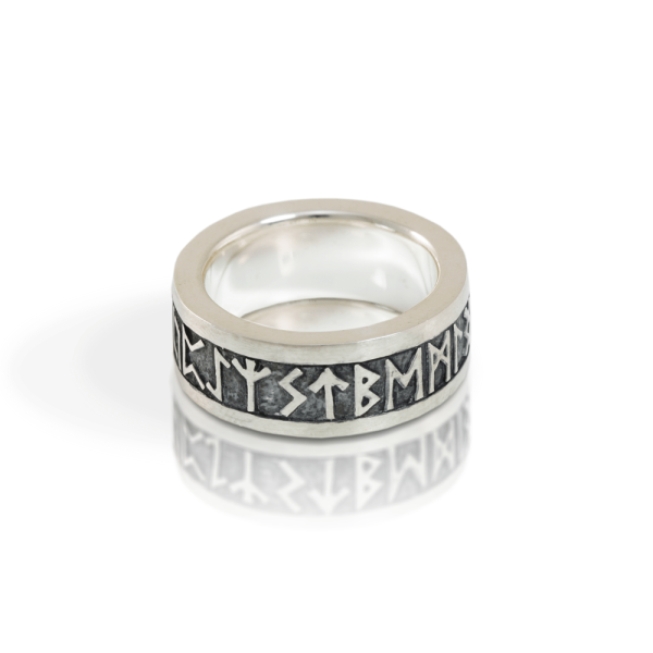 Rune Band in solid silver with oxidized relief by Scarab Jewellery Studio