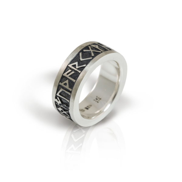 Rune Band in solid silver with oxidized relief by Scarab Jewellery Studio