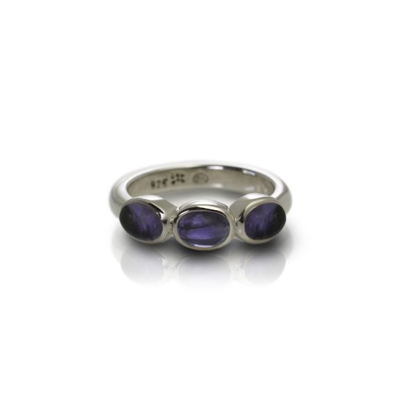 Silver Ring Three Iolite Oval Cabochons by Scarab Jewellery Studio