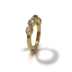 Yellow Gold Rainbow Moonstone Ring with four moonstones by Scarab Jewellery Studio