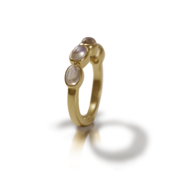 Yellow Gold Rainbow Moonstone Ring with four moonstones by Scarab Jewellery Studio